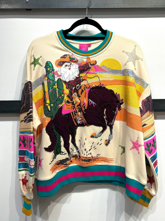 QUEEN OF SPARKLES Christmas Multi Vintage Cowboy Santa Sweatshirt