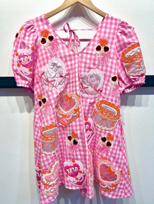 QUEEN OF SPARKLES Valentine's Day Pink and White Gingham Cakes and Pastries Dress