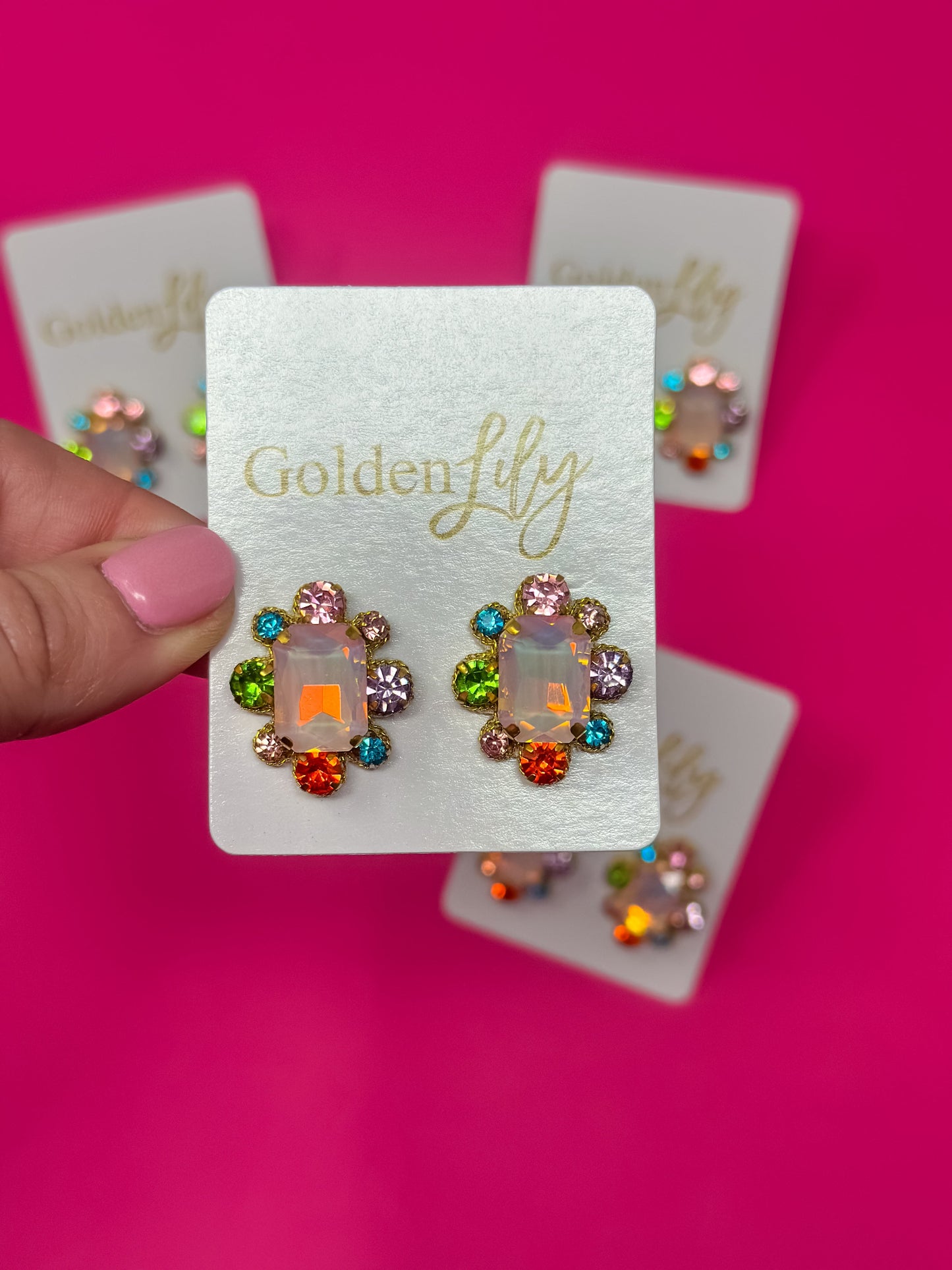 Statement Stud Earrings - Iridescent Light Pink with Multi Stones