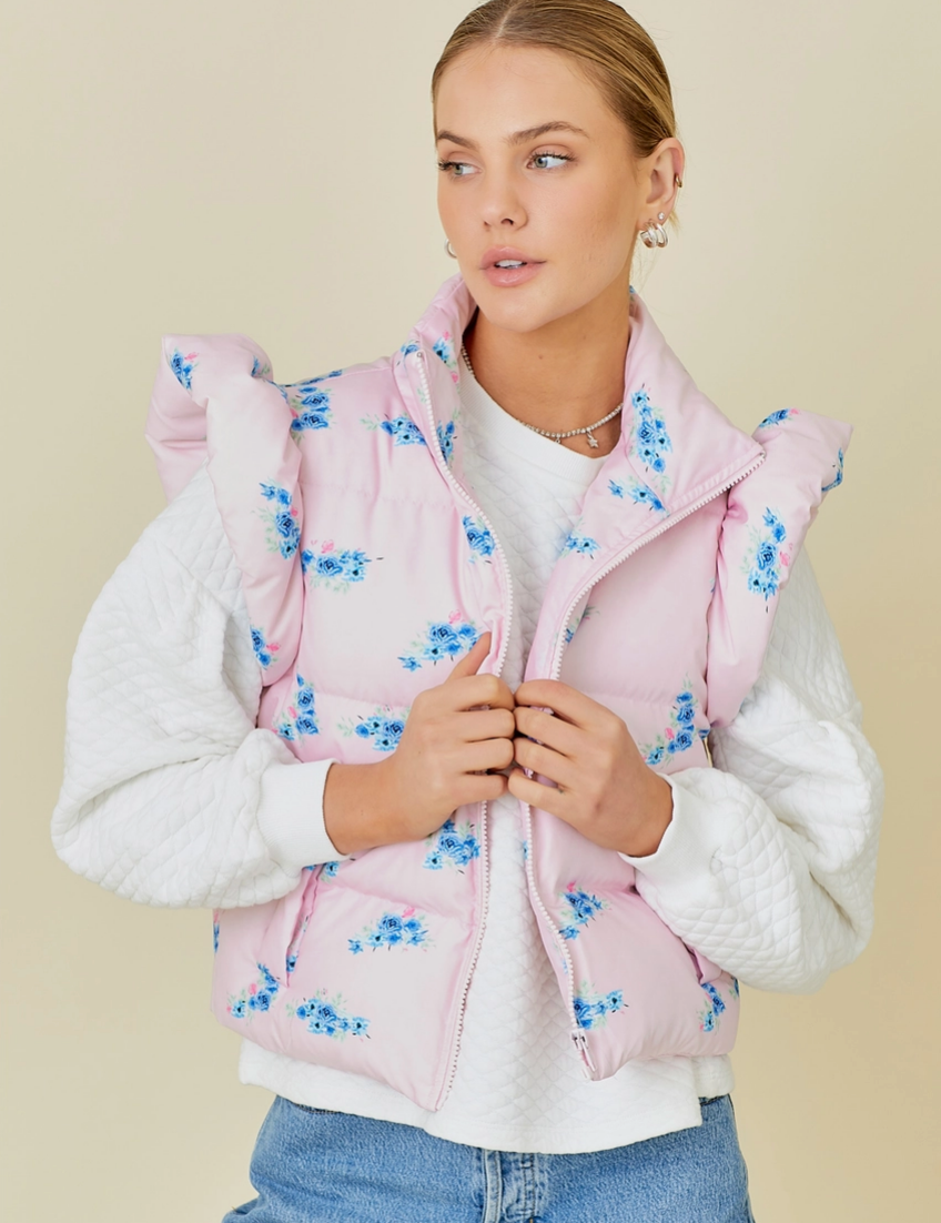 Shoulder Ruffle Pink Floral Vest Puffer