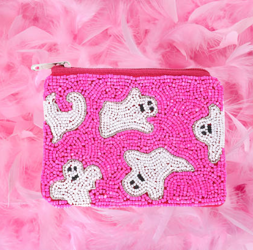 Spooky Ghosties - Halloween Pink Beaded Coin Purse