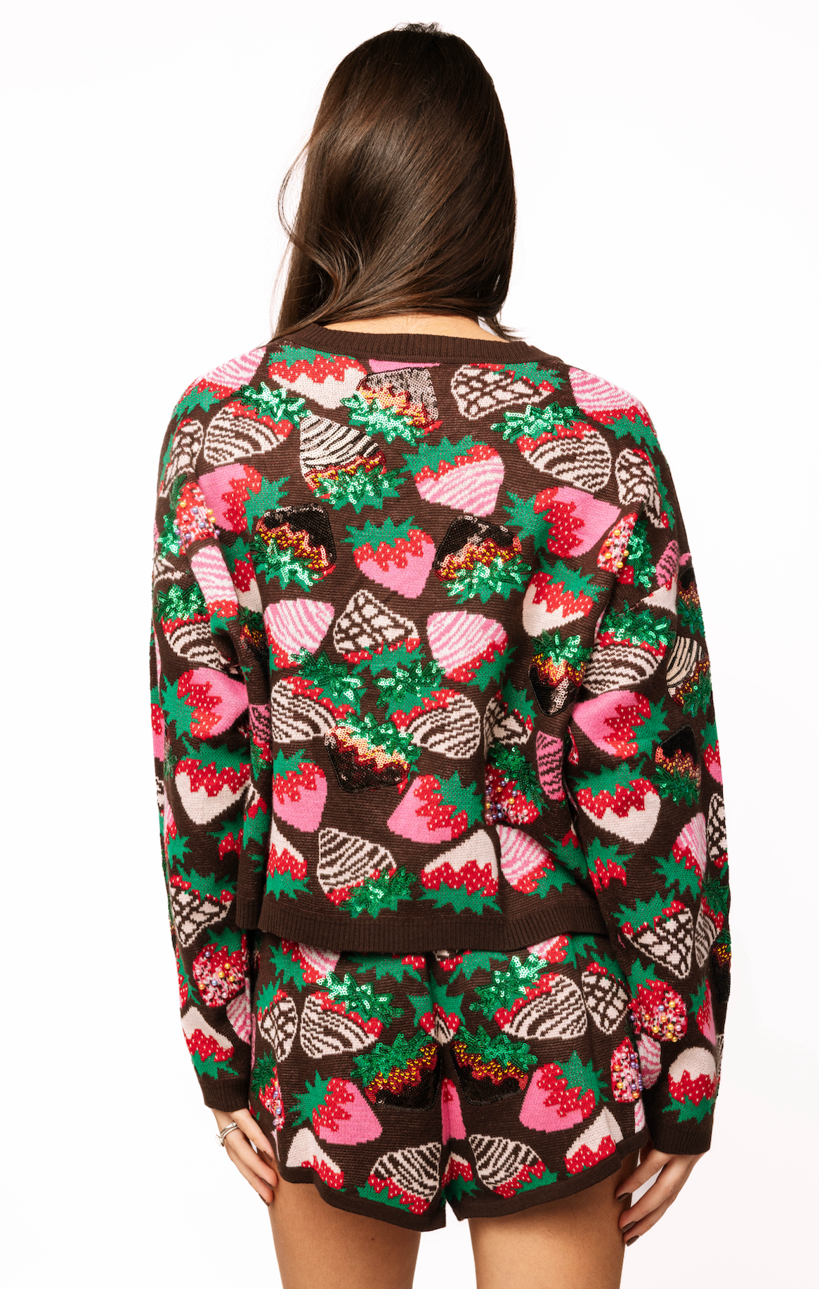 QUEEN OF SPARKLES Valentine's Day Brown Multi Strawberry Tie Up Sweater