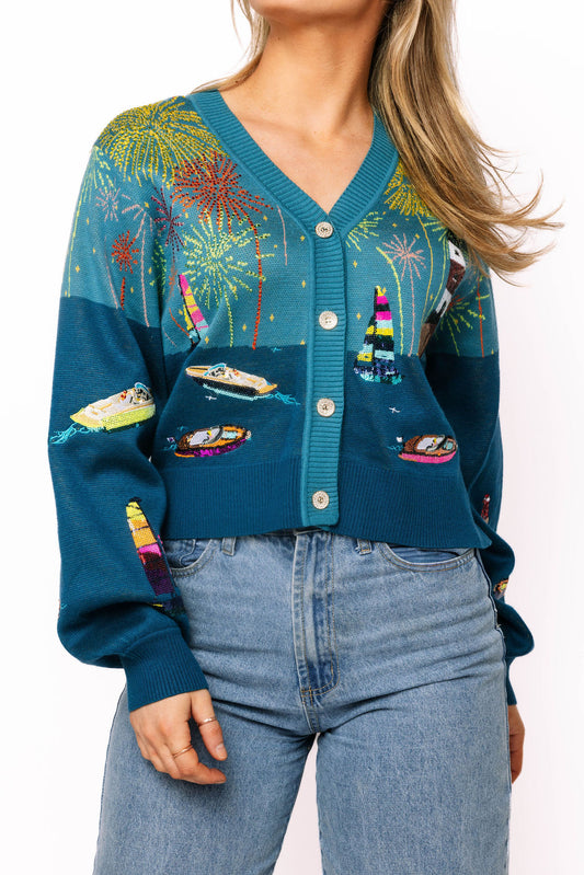 QUEEN OF SPARKLES Multi Firework Over Boat Knit Cardigan