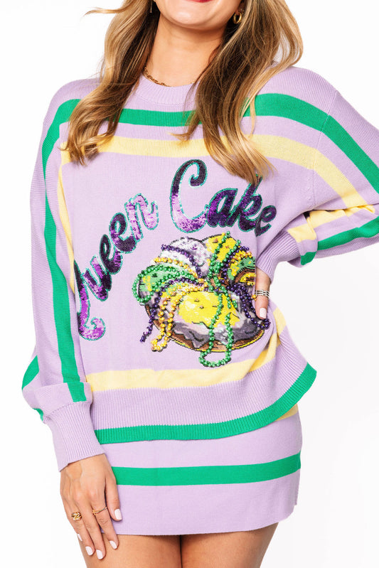 QUEEN OF SPARKLES Lavender, Green & Yellow 'Queen Cake' Striped Sweater
