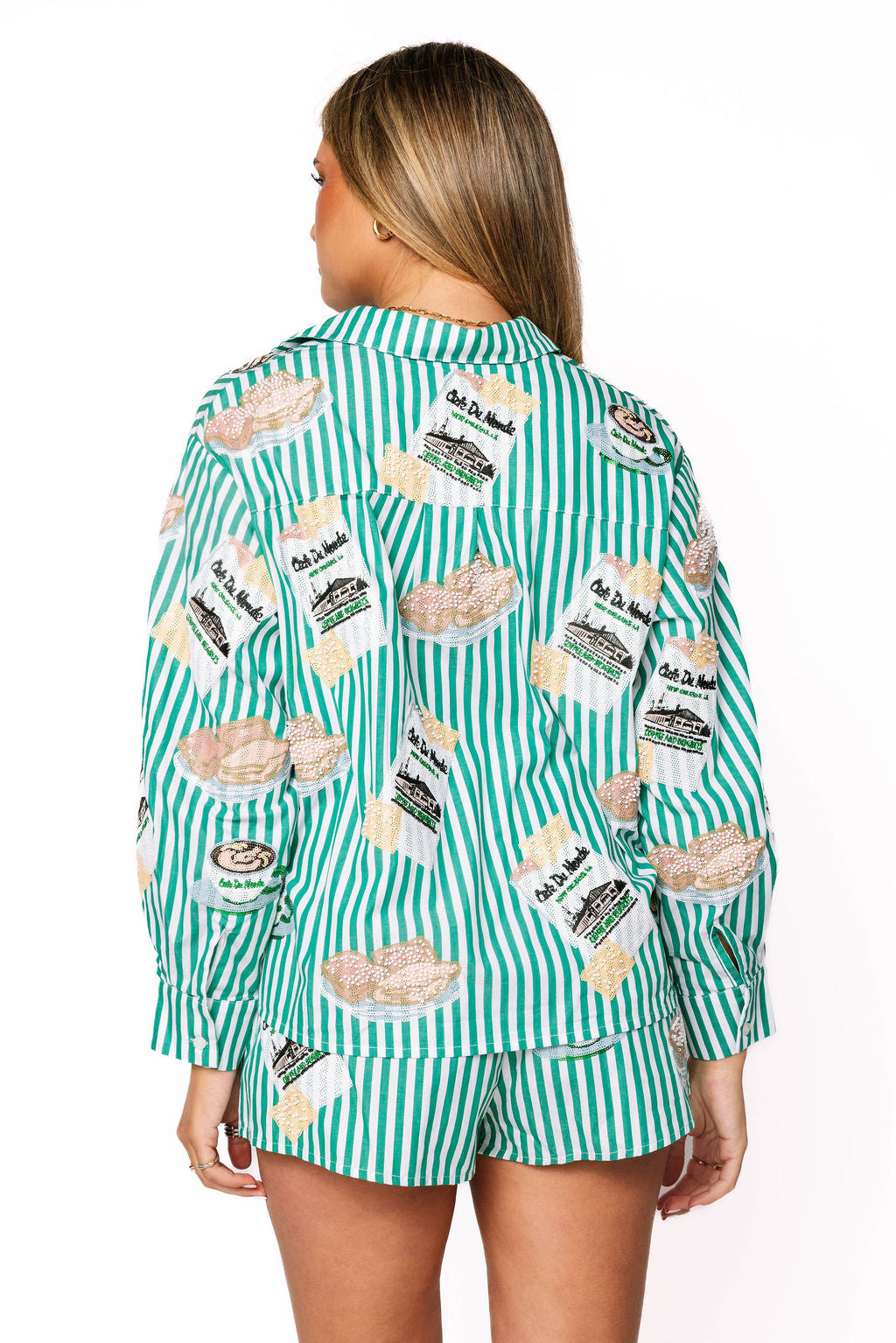 QUEEN OF SPARKLES Green & White Stripe Café Du Monde Icon Button Up Shorts
