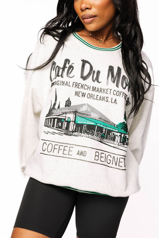 QUEEN OF SPARKLES Grey Sport Stripe 'Cafe Du Monde' Sweatshirt