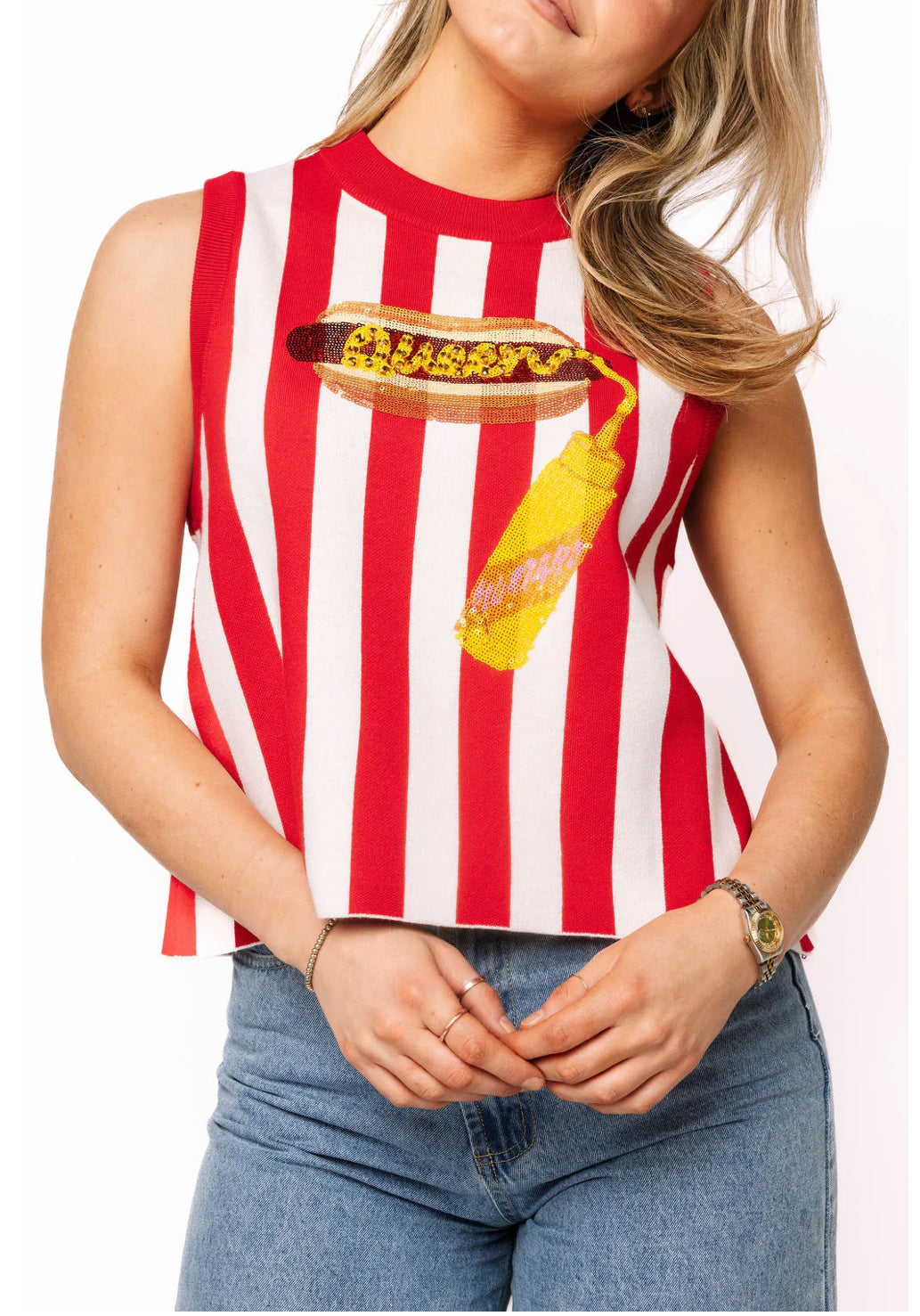 QUEEN OF SPARKLES Red & White Striped “Queen” Mustard on Hot Dog Knit Tank