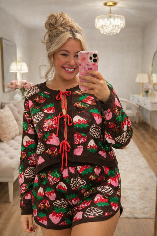 QUEEN OF SPARKLES Valentine's Day Brown Multi Strawberry Tie Up Sweater