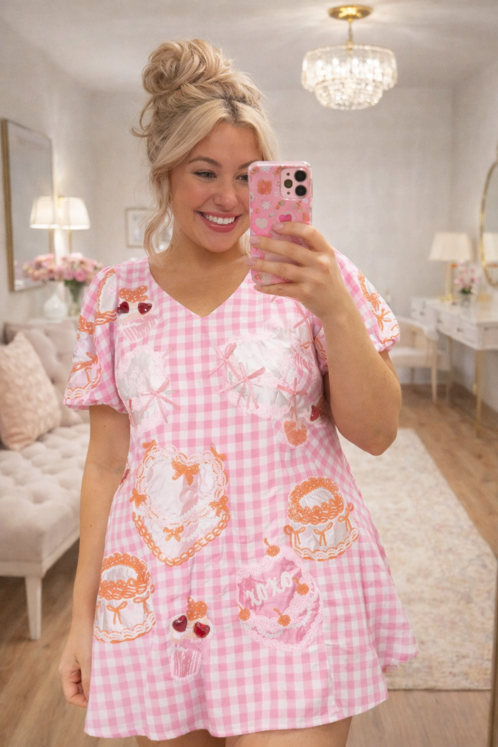 QUEEN OF SPARKLES Valentine's Day Pink and White Gingham Cakes and Pastries Dress