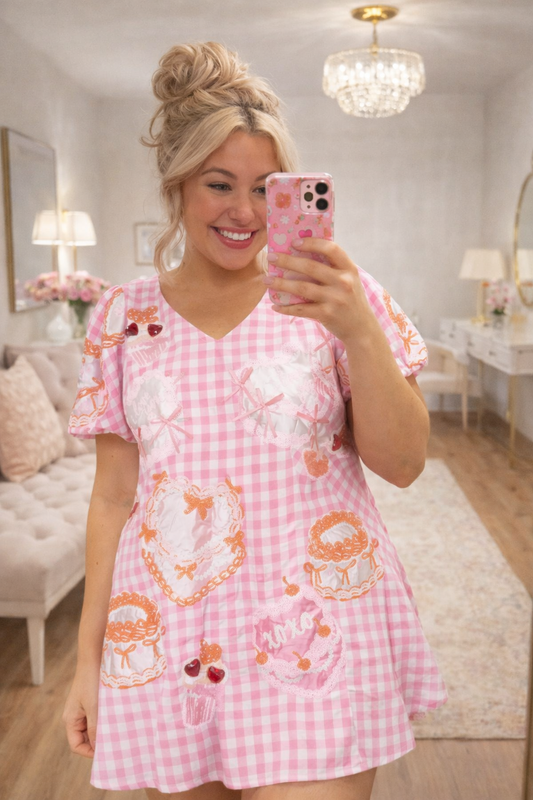 QUEEN OF SPARKLES Valentine's Day Pink and White Gingham Cakes and Pastries Dress