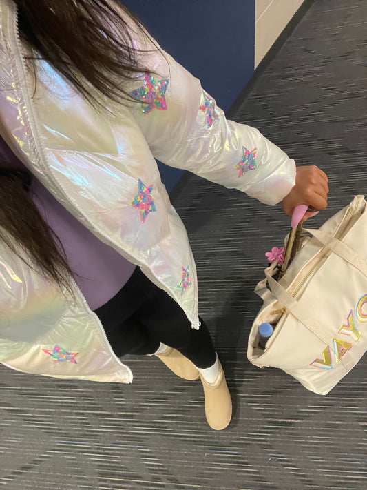 Seeing Stars - Sequin Iridescent Rainbow Puffer Jacket