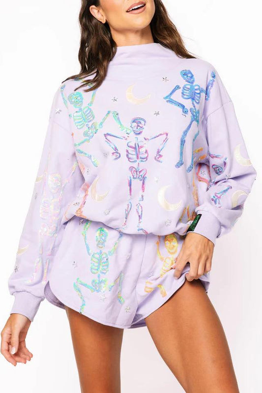 QUEEN OF SPARKLES Halloween Skeleton Iridescent Mockneck Sweatshirt