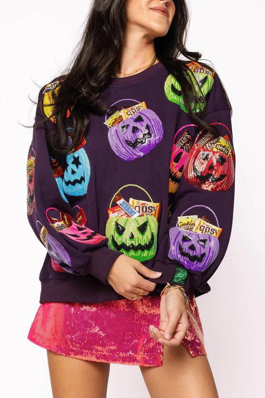 QUEEN OF SPARKLES Halloween Candy Pumpkin Purple Sweatshirt