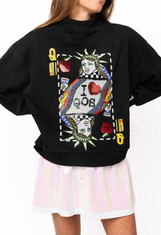 QUEEN OF SPARKLES Black NYC Queen Card Mock Neck Sweatshirt