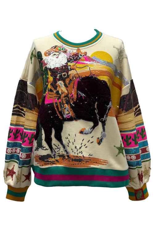 QUEEN OF SPARKLES Christmas Multi Vintage Cowboy Santa Sweatshirt