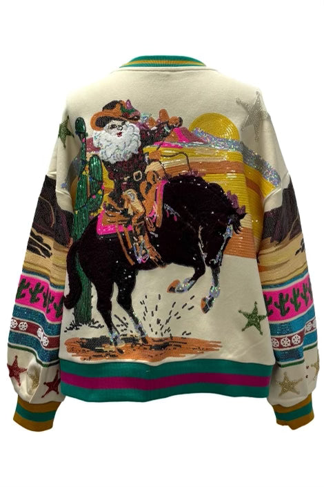 QUEEN OF SPARKLES Christmas Multi Vintage Cowboy Santa Sweatshirt