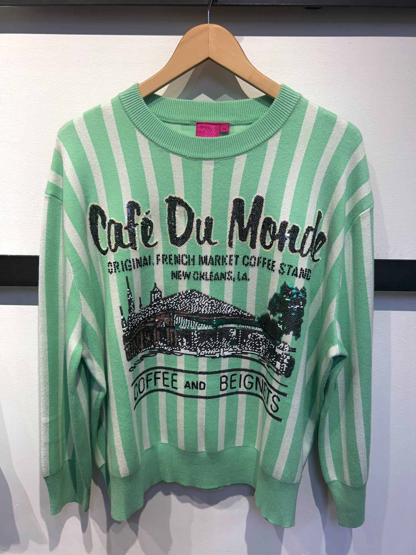 QUEEN OF SPARKLES Mint & White Striped 'Cafe Du Monde' Sweater