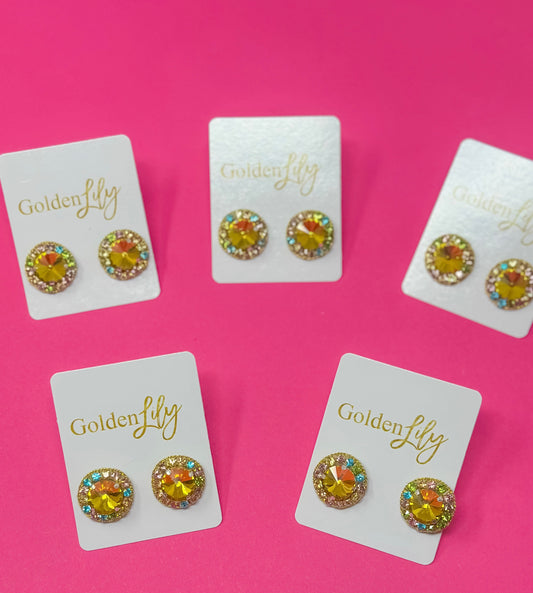 Statement Stud Earrings - Pink with Multi Stones