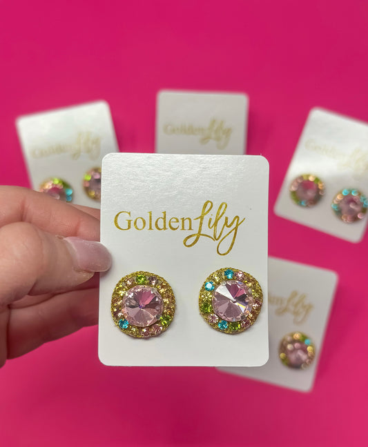 Statement Stud Earrings - Pink with Multi Stones