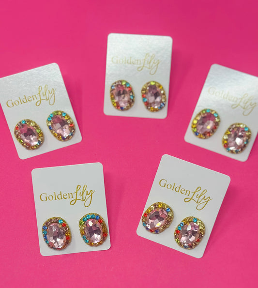 Statement Stud Earrings - Pink Oval with Multi Stones