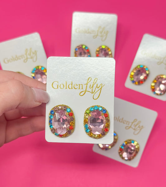 Statement Stud Earrings - Pink Oval with Multi Stones