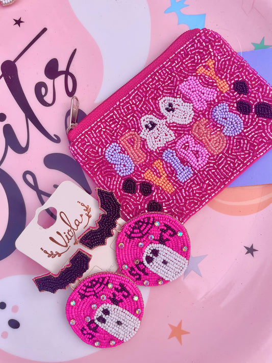 Spooky Vibes - Halloween Pink Beaded Pouch