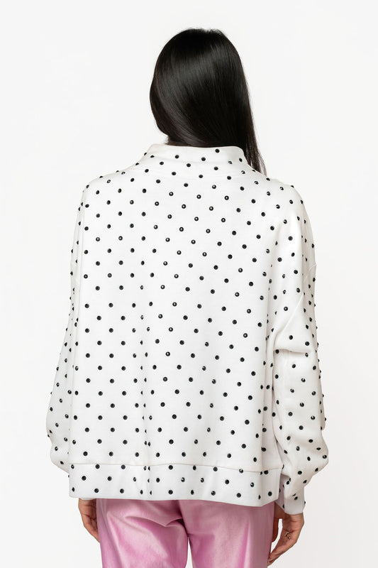 QUEEN OF SPARKLES White & Black Polka Dot Multi Christmas Tree Mockneck Sweatshirt