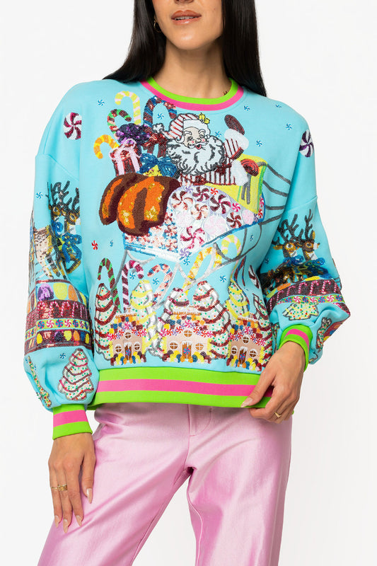 QUEEN OF SPARKLES Aqua Vintage Santa Gingerbread House Sweatshirt