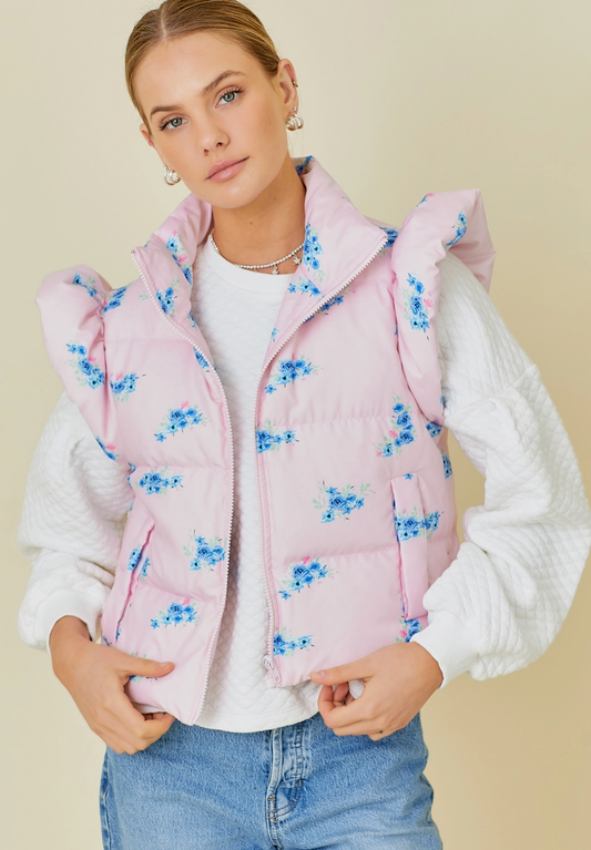 Shoulder Ruffle Pink Floral Vest Puffer