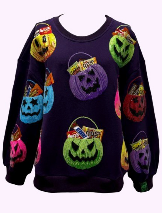 QUEEN OF SPARKLES Halloween Candy Pumpkin Purple Sweatshirt