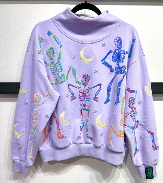 QUEEN OF SPARKLES Halloween Skeleton Iridescent Mockneck Sweatshirt