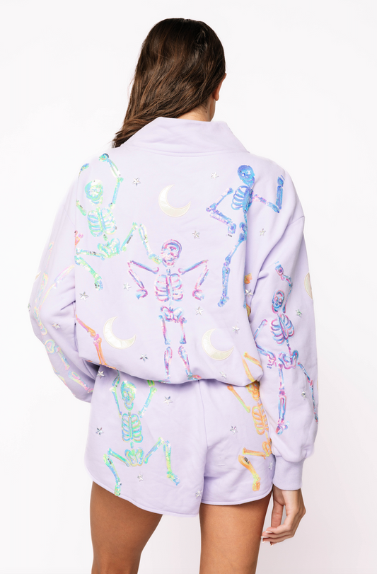 QUEEN OF SPARKLES Halloween Skeleton Iridescent Mockneck Sweatshirt