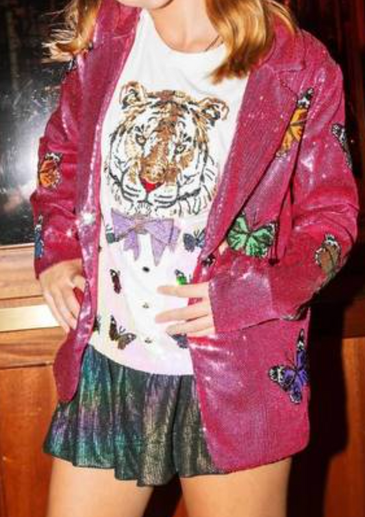QUEEN OF SPARKLES Sequin Butterfly Pink Blazer