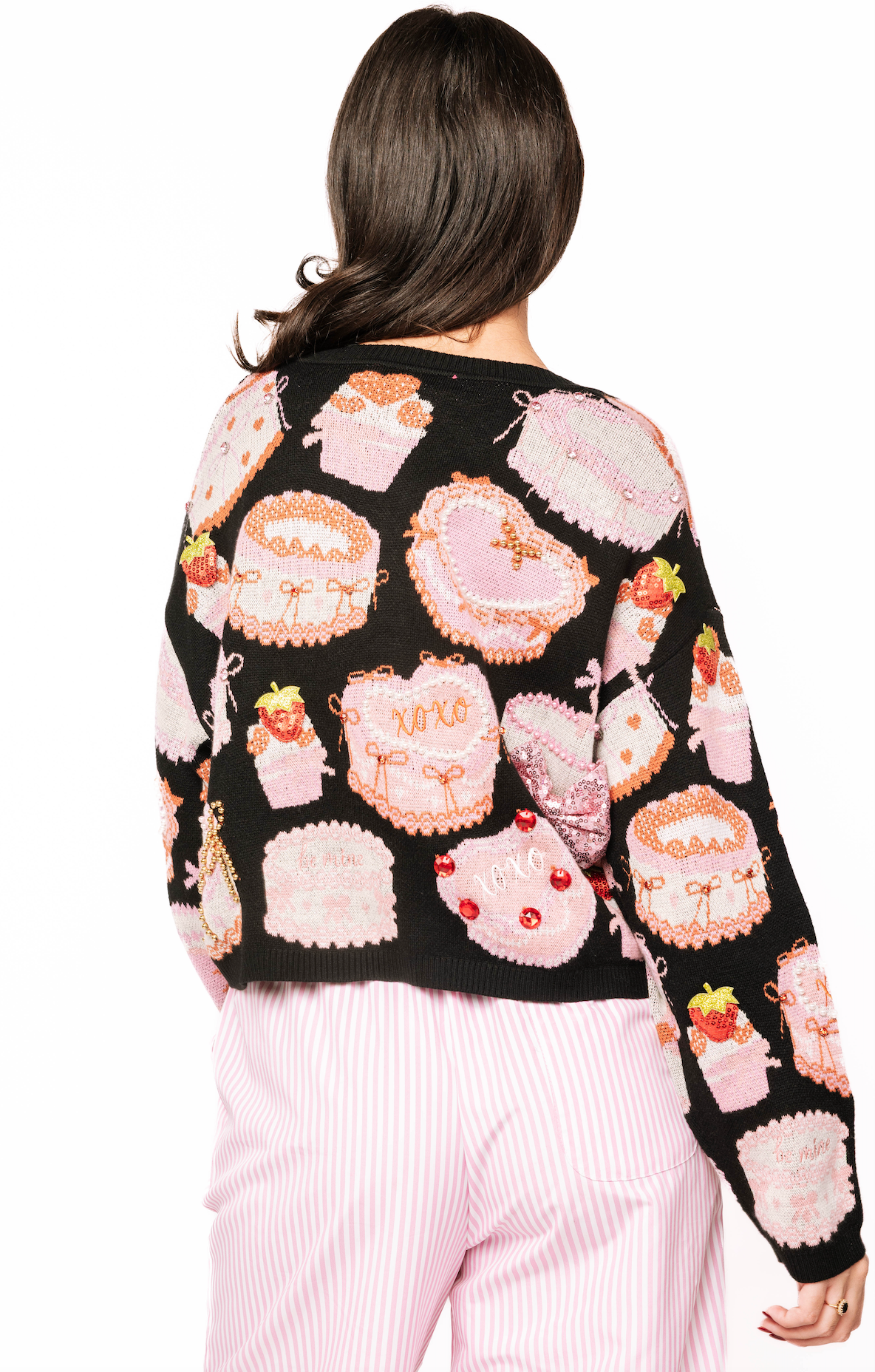 QUEEN OF SPARKLES Black Cake & Pastries Valentine Tie-Up Sweater