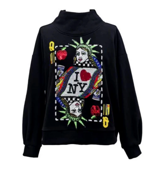 QUEEN OF SPARKLES Black NYC Queen Card Mock Neck Sweatshirt