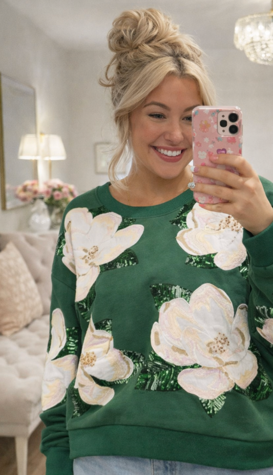 QUEEN OF SPARKLES Dark Green Magnolia Sweatshirt