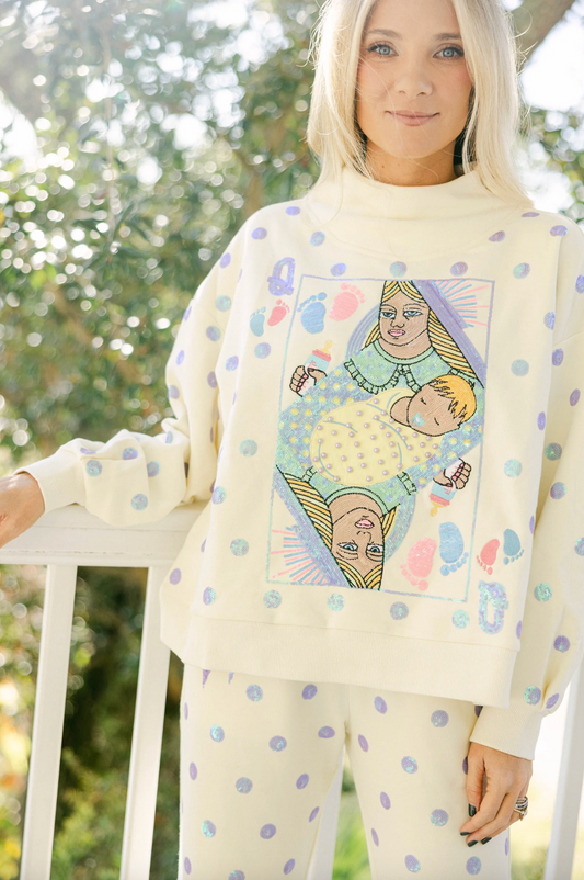 QUEEN OF SPARKLES Beige & Lavender Polka Dot Sparkle Mama Baby Card Logo Sweatshirt