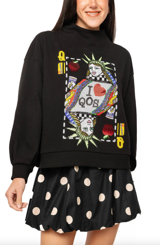 QUEEN OF SPARKLES Black NYC Queen Card Mock Neck Sweatshirt