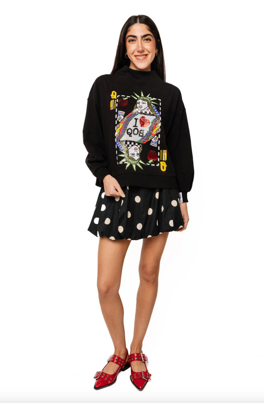 QUEEN OF SPARKLES Black NYC Queen Card Mock Neck Sweatshirt
