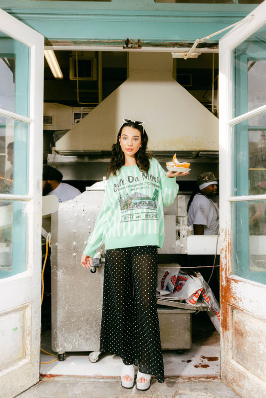 QUEEN OF SPARKLES Mint & White Striped 'Cafe Du Monde' Sweater