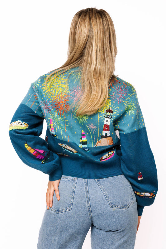 QUEEN OF SPARKLES Multi Firework Over Boat Knit Cardigan