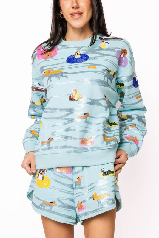 QUEEN OF SPARKLES Blue Dogs Swimming on Floats Sweatshirt