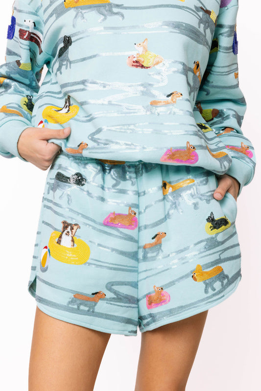 QUEEN OF SPARKLES Blue Dogs Swimming on Floats Shorts