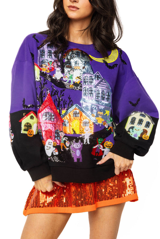 Queen of Sparkles Purple Trick Or Treat Halloween Scene Sweatshirt
