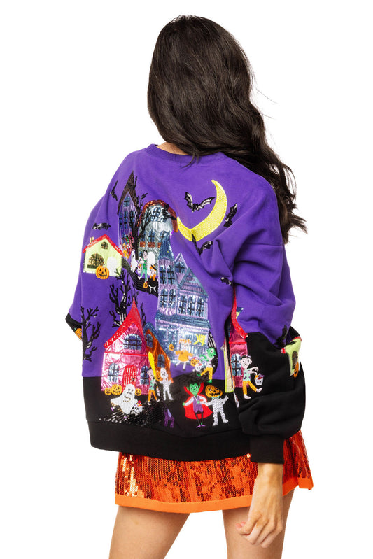 Queen of Sparkles Purple Trick Or Treat Halloween Scene Sweatshirt
