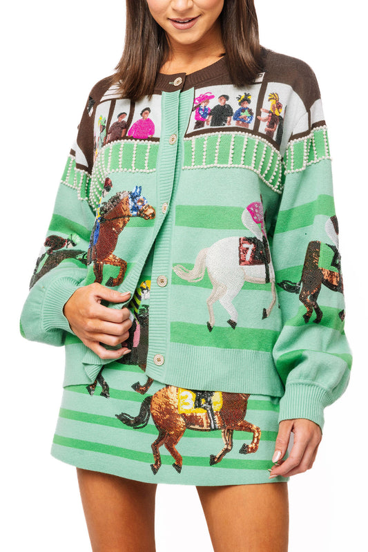 QUEEN OF SPARKLES Multi Derby Race Scene Button Up Cardigan