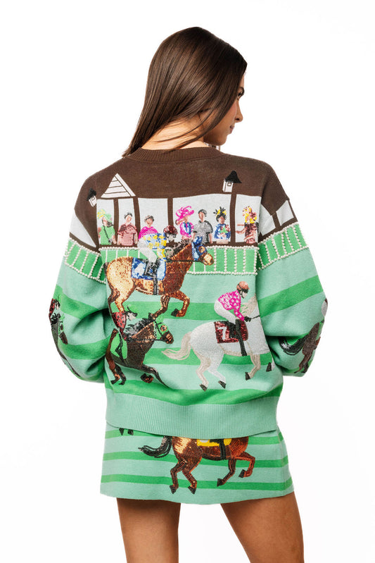 QUEEN OF SPARKLES Multi Derby Race Scene Button Up Cardigan