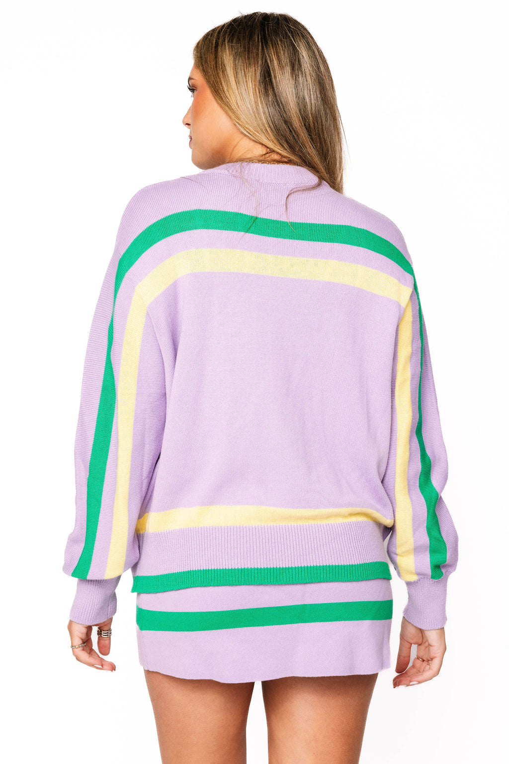 QUEEN OF SPARKLES Lavender, Green & Yellow 'Queen Cake' Striped Sweater