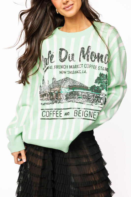QUEEN OF SPARKLES Mint & White Striped 'Cafe Du Monde' Sweater