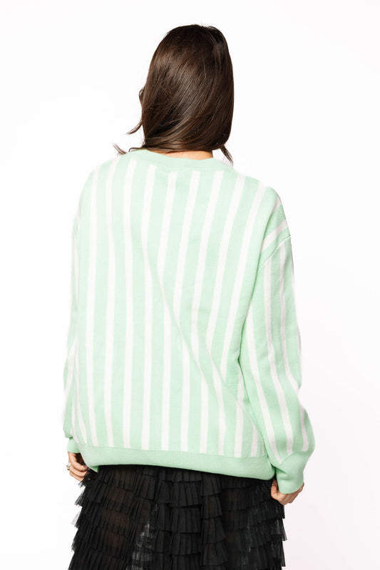 QUEEN OF SPARKLES Mint & White Striped 'Cafe Du Monde' Sweater